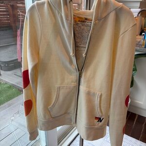 Aviator Nation Cream Zip Hoodie with Red & Orange Sleeve Hearts